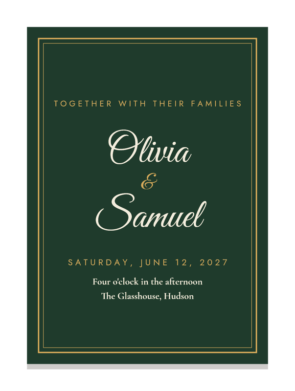 A forest green wedding invitation for Olivia and Samuel, with script names and gold trim