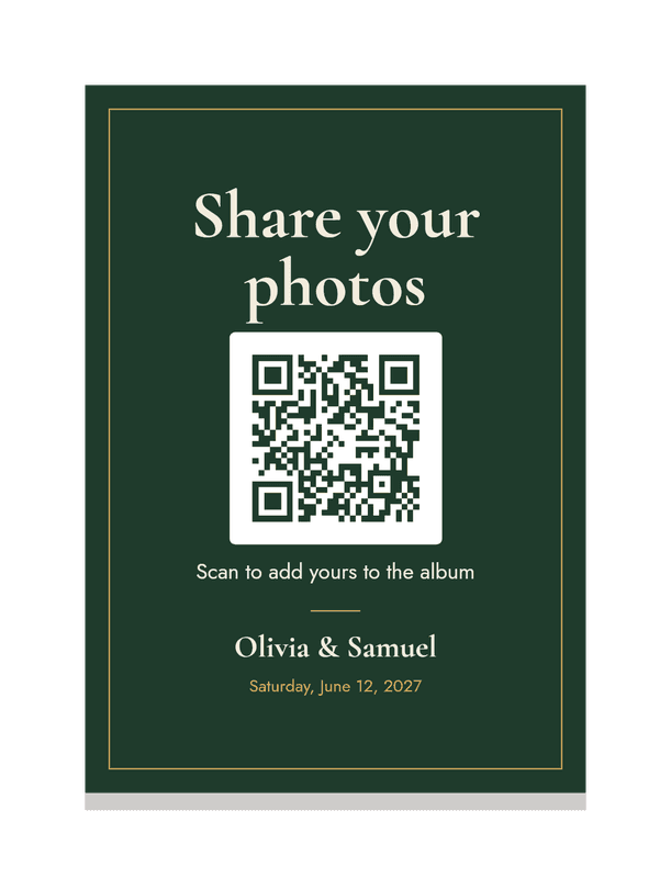A table card asking guests to share their photos, with a QR code