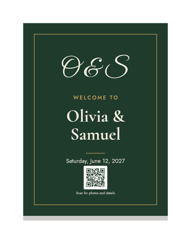 A forest green welcome sign with the couple's monogram, names, date and a QR code